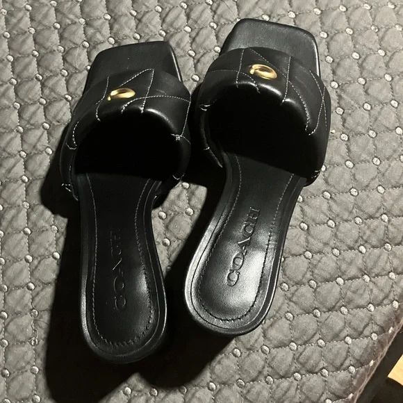 Coach Black Quilted Mules with Gold Accent - Picture 3 of 10